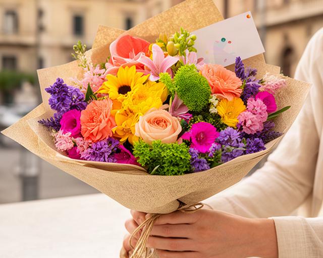 Mazzo colorato avvolto con carta naturale e biglietto per un compleanno in città