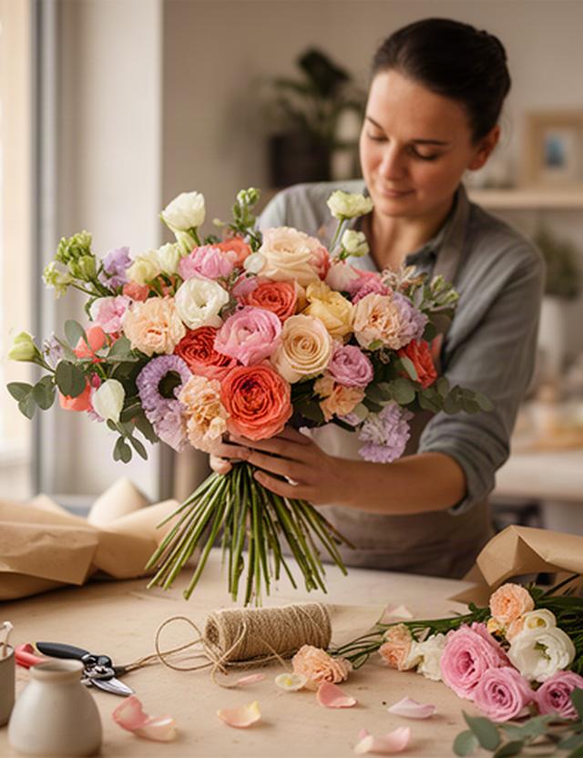 Fiorista che controlla una composizione di fiori freschi su un banco di lavoro a Cagliari
