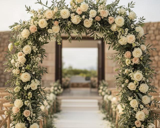 Arco floreale con fiori chiari all'ingresso di una cerimonia nuziale in Sardegna