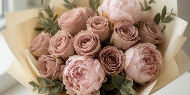 Bouquet romantico di rose e peonie rosa avvolto in carta chiara