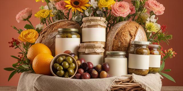 Cesto regalo con fiori freschi e prodotti alimentari tipici sardi
