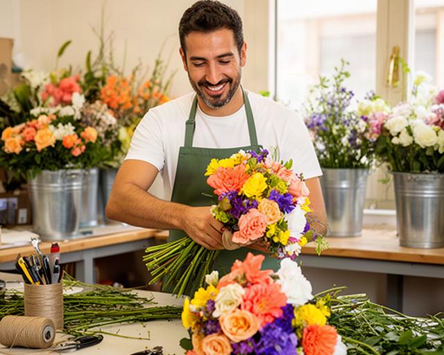 Marco, fiorista capo, mentre prepara un bouquet colorato nel laboratorio di Cagliari