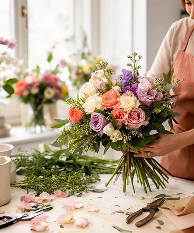 Fiorista che prepara un bouquet di fiori freschi su un banco luminoso a Cagliari