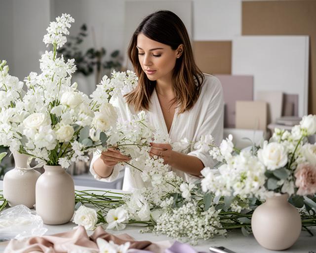 Giulia, designer floreale, mentre sistema fiori bianchi per un allestimento elegante