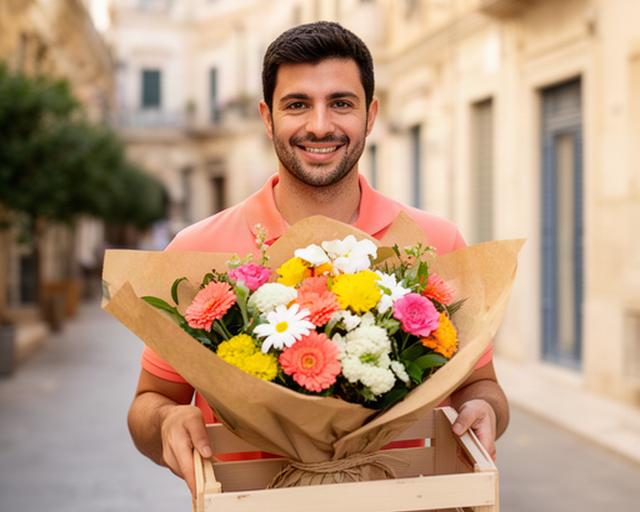 Antonio con un bouquet protetto, pronto per una consegna nelle strade di Cagliari